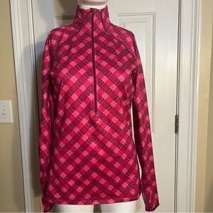 Nike Pro Dri-Fit Women's Athletic Red Pink Checkered Pattern Half Zip Shirt Med